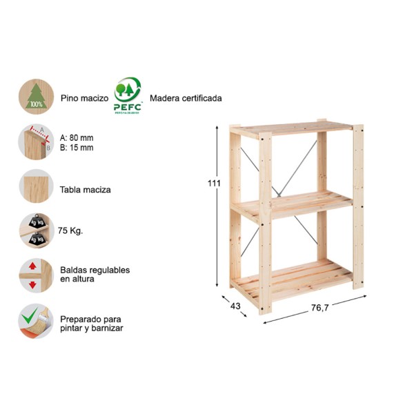 Estanteria alistonada evolution 3 pino macizo 111 x 76,7 x 43 cm