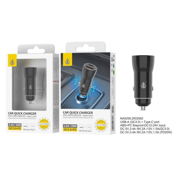 Jc na0256 black / cargador de vehículo usb-c / usb-a 20w