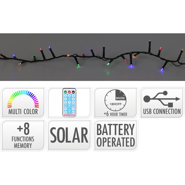 Guirnalda led solar 240 leds 13 funciones parpadeante exterior multicolor cable verde 10 m