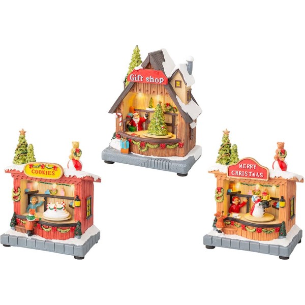 Escena navideña con movimiento y luz, temática de tiendas, modelos variados, 14,30 x 10,00 x 17,50 cm